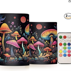 Doodle Colourful Fantasy Mushroom Flameless Candles Color Changing LED Candles with Remote Control Battery Candles for Outdoor and Indoor Home and Room Decoration, 3'' x 4''/5'' Set of 2 Pieces