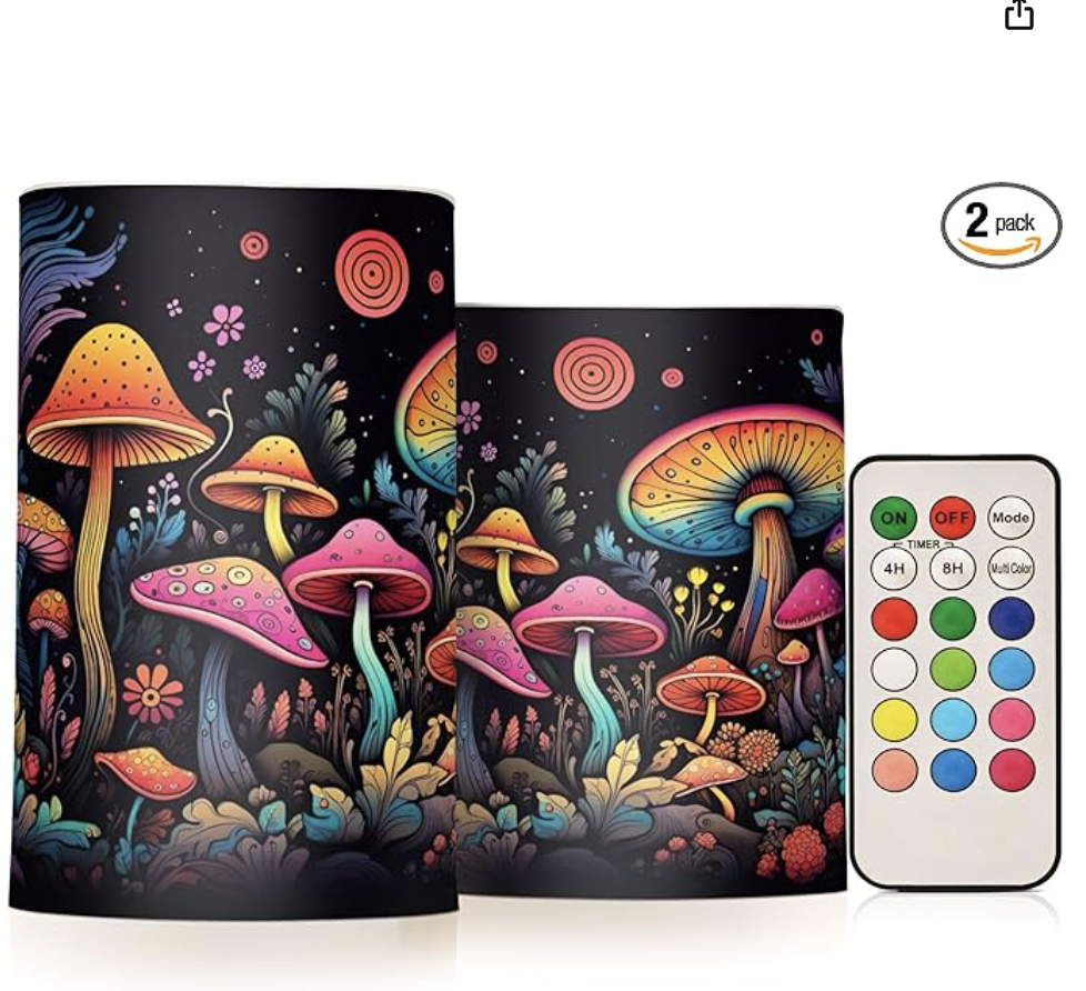 Doodle Colourful Fantasy Mushroom Flameless Candles Color Changing LED Candles with Remote Control Battery Candles for Outdoor and Indoor Home and Room Decoration, 3” x 4”/5” Set of 2 Pieces